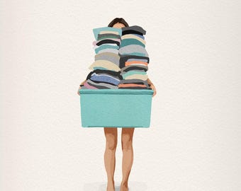 Overflowing Laundry Basket Print, Funny Watercolor Illustration, Laundry Room Wall Decor