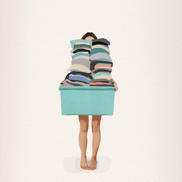 Overflowing Laundry Basket Print, Funny Watercolor Illustration, Laundry Room Wall Decor