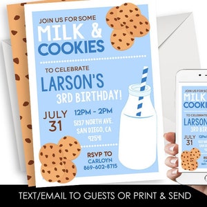 Editable Cookies and Milk Invite Invitation Blue Boys Digital 5x7 Birthday Party Chocolate Chip ANY AGE Cookie