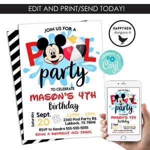Editable Mickey Pool Party Invitation Invitation Mouse Birthday Digital 5x7 Template Kids Party Instant Download