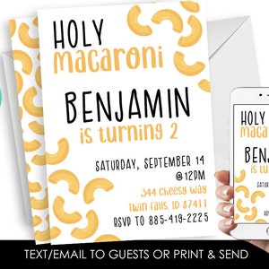 Editable Holy Macaroni Invitation Mac and Cheese Birthday Kids Invite Digital 5x7 Pasta