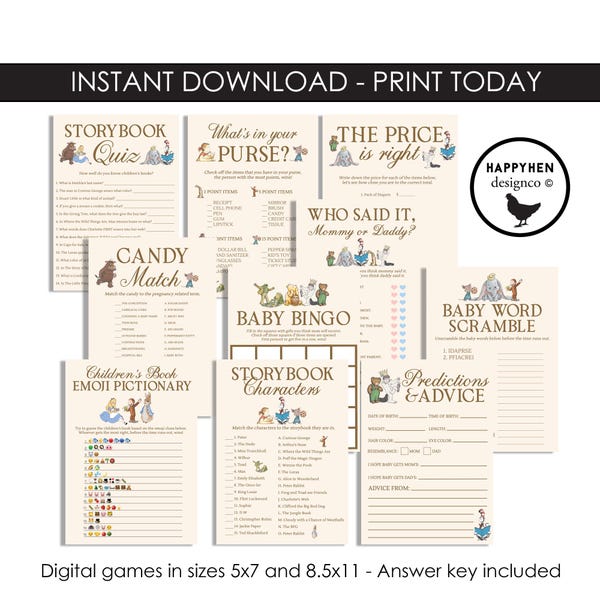 Storybook Baby Shower Games Digital Instant Download Printable Disneyland Sprinkle Party 5x7