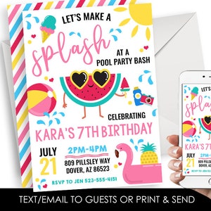 May include: A colorful invitation for a pool party celebrating Kara's 7th birthday. The invitation features a watermelon wearing sunglasses and a flamingo float. The text reads "Let's Make a Splash at a Pool Party Bash Celebrating Kara's 7th Birthday".