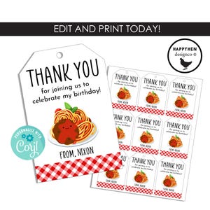 Editable Meatball Favor Tags Digital Instant Download Birthday Thank You Tag Kids Party Spaghetti Pasta Printable