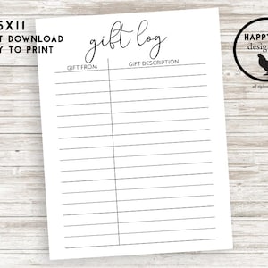 Gift Log Sheet Digital Instant Download 8.5x11 Printable Guests Presents