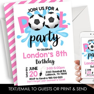 Editable Soccer Pool Party Pink Invitation Birthday Invite Digital 5x7 Instant Download Template Girls Splash