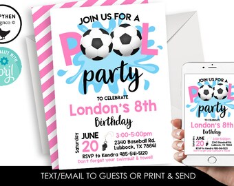May include: A pool party invitation with soccer balls, splashes, and the text "Join us for a pool party to celebrate London's 8th Birthday". Includes event details and RSVP information. A smartphone displays the same invitation.