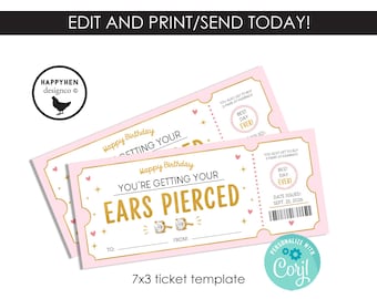 Ears Pierced Ticket Voucher Surprise Certificate Digital 7x3 Editable Template Instant Download