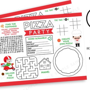 May include: Two red and white pizza party placemats with activities like word scrambles, mazes, and tic-tac-toe. The placemats feature a pizza chef illustration and a pizza outline. The size is 27.9 x 21.6 cm.