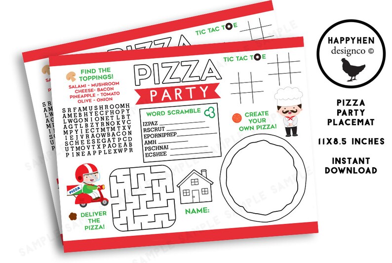 May include: Two red and white pizza party placemats with activities like word scrambles, mazes, and tic-tac-toe. The placemats feature a pizza chef illustration and a pizza outline. The size is 27.9 x 21.6 cm.