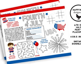 May include: A printable 4th of July party placemat with a red, white, and blue color scheme. The placemat features a word search, word scramble, maze, tic-tac-toe game, and a coloring page. The placemat is 11 inches by 8.5 inches.