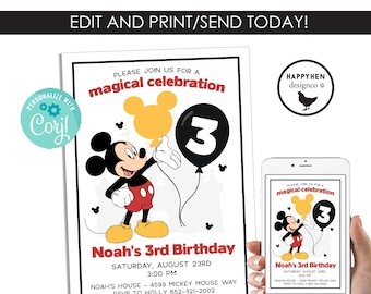 Mickey Mouse Invitation Birthday Invite EDITABLE Template Digital 5x7 Instant Download