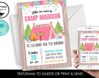 Editable Camping Theme Invitation Invite Girl Birthday Pink Tent Camp Campout Digital 5x7 ANY AGE