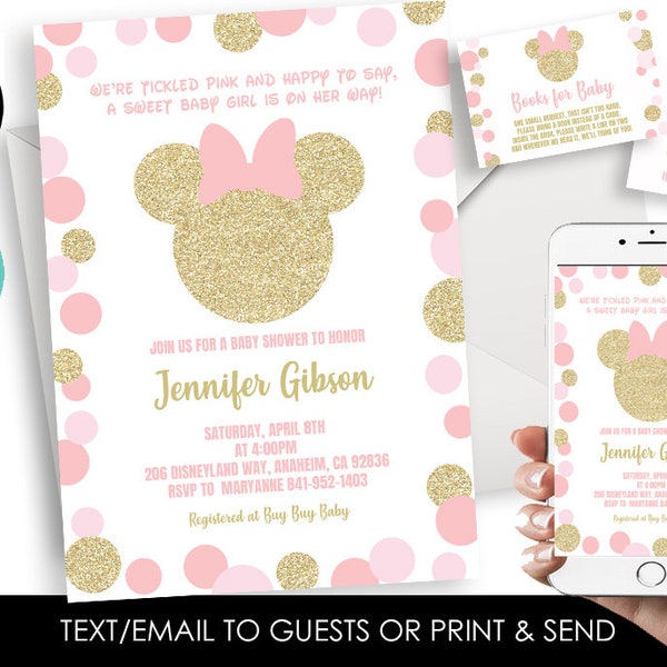 Editable Minnie Baby Shower Invite Invitation Sprinkle Mouse Inspired Gold Pink Girls Polka Dots Digital 5x7 Diaper Raffle