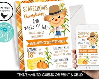 Fall Birthday Invitation Invite Pumpkin Patch Scarecrow Editable Kids Digital 5x7 Autumn ANY AGE Farm Pumpkin Patch