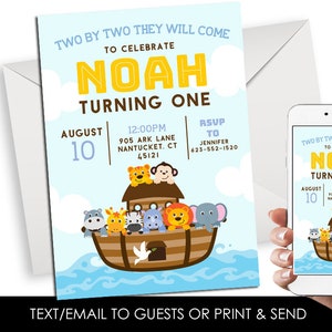 Editable Noah&#39;s Ark Invitation Birthday Invite Digital Kids ANY AGE 5x7 Animals Christian Bible Children Party Corjl