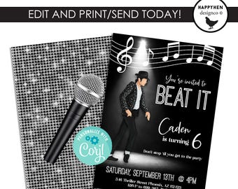 Michael Birthday Invite Editable Template Beat It Invitation Jackson MJ Digital Instant Download 5x7 Kids Party