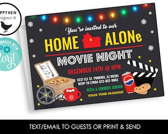 May include: A black and white invitation for a Home Alone movie night. The invitation features a red house, a pizza box, a cup of hot chocolate, a movie clapperboard, and a can of soda. The text on the invitation reads "You're invited to our Home Alone Movie Night, December 14th @ 6PM, 5237 Elf St. Phoenix, AZ 86301, RSVP to Lynda 623-852-9863, Pizza & Cookies Served, Wear Your PJs, Text/Email to Guests or Print & Send".
