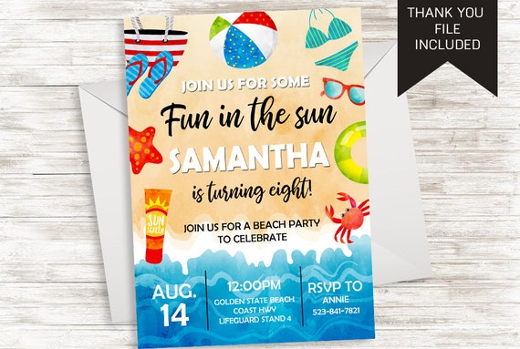 Beach Birthday Invitation Invite Girl Bikini Digital Party 5x7 | Etsy