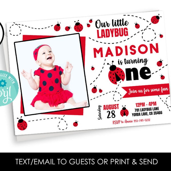 Editable Ladybug Invitation Invite Photo Birthday Digital 7x5 First One 1st Party Bug Red Black Picture Instant Download