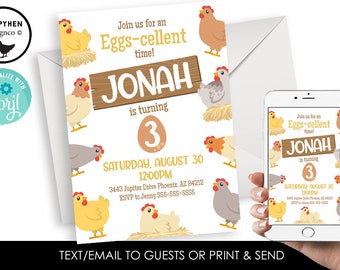 May include: A colorful invitation for a child's birthday party. The invitation features a cartoon chicken and the text "Join us for an Eggs-cellent time! Jonah is turning 3. Saturday, August 30, 12:00PM. 3443 Jupiter Drive Phoenix, AZ 84212. RSVP to Jenny SSS-SSS-5555."