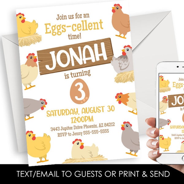 Editable Chicken Birthday Invitation Invite Digital 5x7 Chickens Farm Chick Kids Party Instant Download