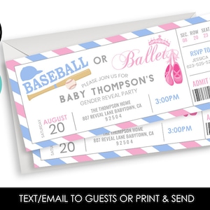 Editable Baseball Ballet Gender Reveal Invitation Invite Party 7x3 Pink Blue Ticket Style Baby Shower Sports Dance