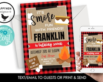 Editable S'mores Bonfire Birthday Invite Invitation 5x7 Kids ANY AGE Campfire Party 5x7 Digital Plaid Christmas