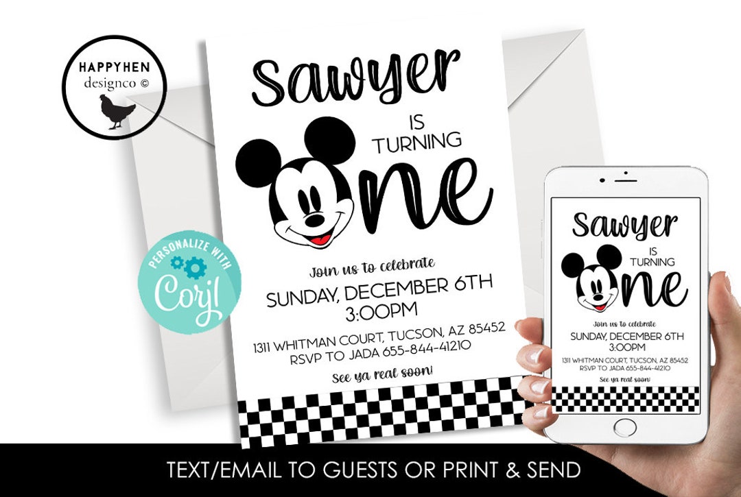 Editable Mickey 1st Birthday Invitation Mouse Party Retro Checkered ...