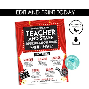 Editable Teacher Appreciation Week Flyer Template Movie Theater Cinema Themed Digital 8.5X11 INSTANT DOWNLOAD Celebrity Stars