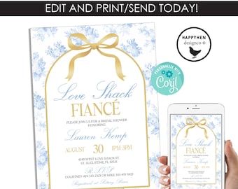 Love Shack Fiancé Bridal Shower Invitation Invite EDITABLE Template 5x7 Digital Blue Gold Fancy Chinoiserie Fiance INSTANT Download
