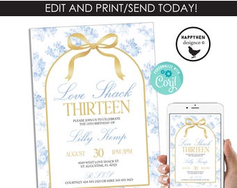 Love Shack Thirteen Birthday Invitation 13th Invite DIGITAL Template EDITABLE gold Blue Digital 5x7 Fancy French Chinoiserie
