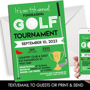 Editable Golf Tournament Invitation Invite Fundraiser Digital 5x7 8.5x11 Charity Green Sports Championship Company Corjl