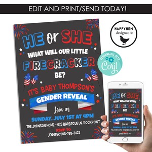 Editable Firecracker Gender Reveal Invitation Invite Digital 5X7 Chalkboard Party He or She 4TH JULY Fourth