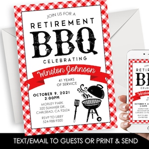 May include: A red and white gingham patterned invitation for a retirement BBQ. The invitation features the text "Join us for a Retirement BBQ Celebrating Winston Johnson" and includes details about the event, such as the date, time, and location.