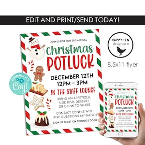 May include: A festive Christmas Potluck flyer with a red and green border. The flyer includes a snowman, gingerbread man, and other holiday treats. The text reads "Christmas Potluck" and includes the date, time, and location.