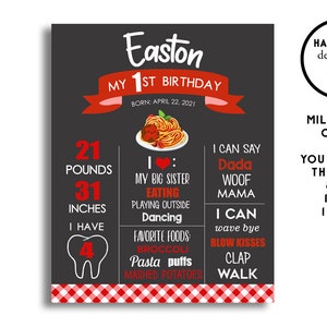 Polpette Milestone Chart Spaghetti Compleanno Segno Poster Digitale Bambini Pasta 1° Statistiche Festa Decorazione