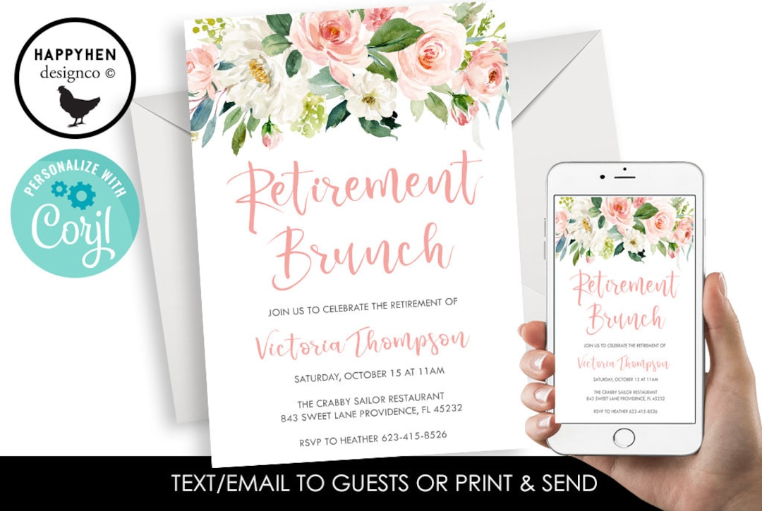 Editable Retirement Brunch Invitation Invite Digital 5x7 Watercolor ...