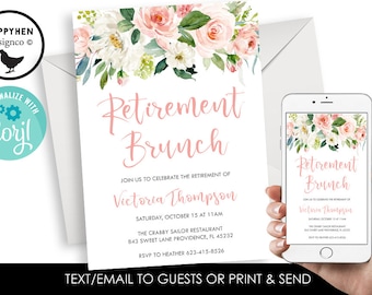 Editable Retirement Brunch Invitation Invite Digital 5x7 Watercolor Floral Women Luncheon Party Retired