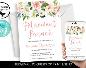 Editable Retirement Brunch Invitation Invite Digital 5x7 Watercolor Floral Women Luncheon Party Retired