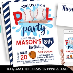 Editable Baseball Pool Party Invitation Invite Digital 5x7 Kids Birthday Splash Allstar Sports Backyard Summer Theme Instant Download