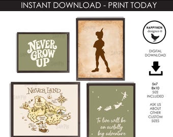 Peter Pan Nursery Wall Art Digital Prints Instant Download Kids Birthday Decor Green