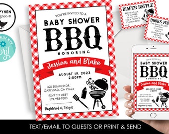 Pode incluir: Um convite para um chá de bebê com tema de churrasco em um fundo xadrez vermelho e branco. O convite diz "Você está convidado para um Chá de Bebê BBQ em homenagem a Jessica e Blake" com data e hora de 19 de agosto de 2023 às 14h00. O convite também inclui um endereço, informações de RSVP e um registro na Target.