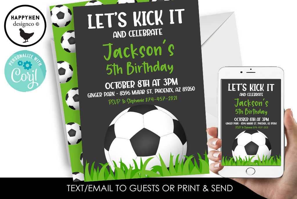 Editable Soccer Birthday Invitation Invite Digital 5x7 Chalkboard Goal Sports Allstar Athlete Kids Boys Girls Futbol Green