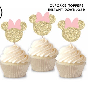 Minnie Cupcake Toppers Digital Instant Download Printable Food Picks Mouse Shower Birthday Party Pink Glitter