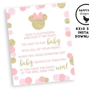 Minnie Don't Say Baby Digital Printable Sign Game Baby Shower Mouse 8x10 Sign Instant Download Glitter Pink