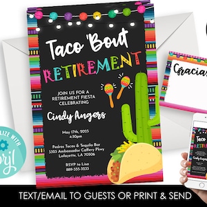 Editable Taco Bout Retirement Invitation Invite Digital Retired Fiesta Digital 5x7 Chalkboard String Lights Cactus