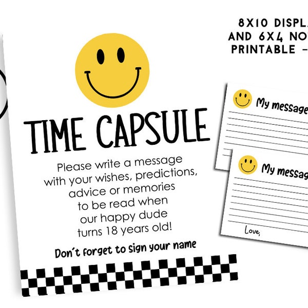 One Happy Dude Time Capsule Sign Note Card Smile Face Birthday 1st Kids Yellow Checkered