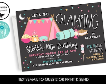 Editable Glamping Invitation Invite Digital 7x5 Girl Camping Slumber Party ANY AGE Sleepover