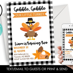 Editable Turkey Invitation Invite Turkey Plaid Fall Thanksgiving Kids Birthday 5x7 Digital Pumpkin Pie
